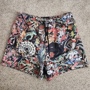Ed Hardy Tattoo College Colorful Graphic Athletic Mesh Shorts